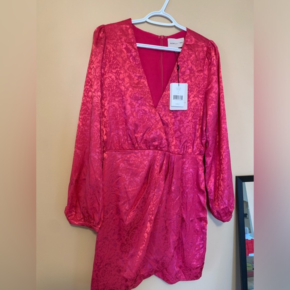 🌸ADELYN RAE💗hot pink silk floral Lindsey Wrap Jacquard Mini wrap Dress NWT - Picture 6 of 16